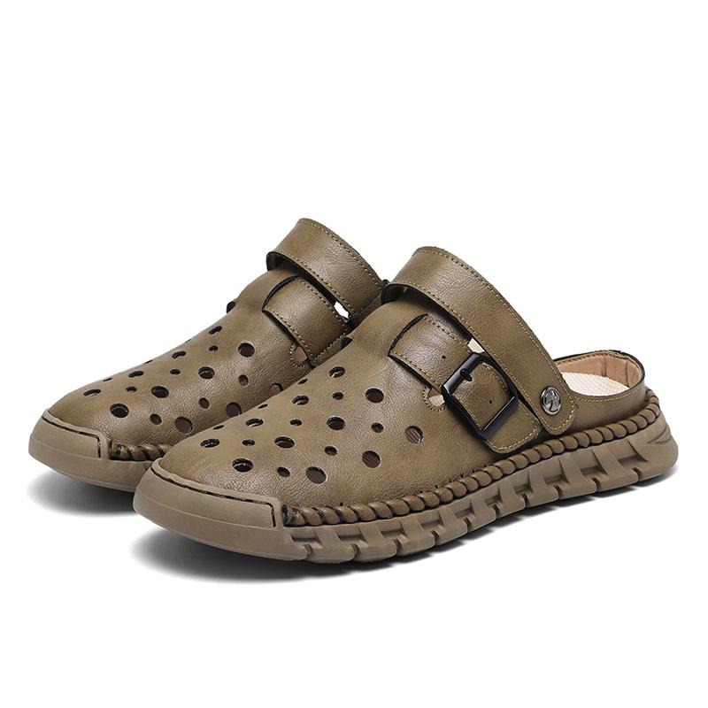 Летняя обувь для мужчин Кожаные сандалии Мужские модные тапочки Закрытый носок Повседневная обувь с ручной прошивкой