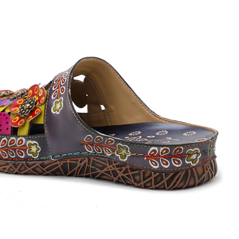 Johnature Тапочки Женская обувь Натуральная кожа Раскрашенные вручную наружные шлепанцы Сандалии ручной работы на плоской подошве с цветами