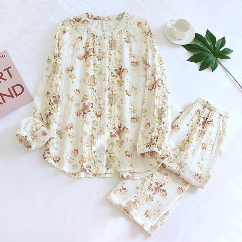 Весенне-осенний женский пижамный комплект из 100% хлопкового крепа с длинными рукавами и длинными брюками, комплект из двух предметов, воротник-стойка, домашняя одежда