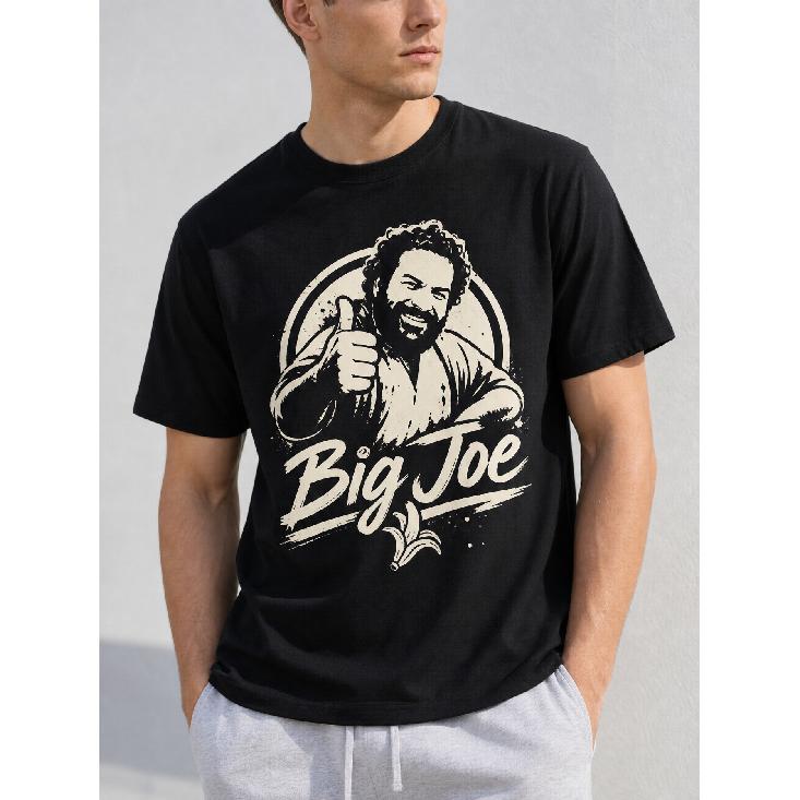men's black short sleeve t-shirt with big joe graphic print, crew neck, relaxed fit, soft cotton feel, casual streetwear style for everyday wear