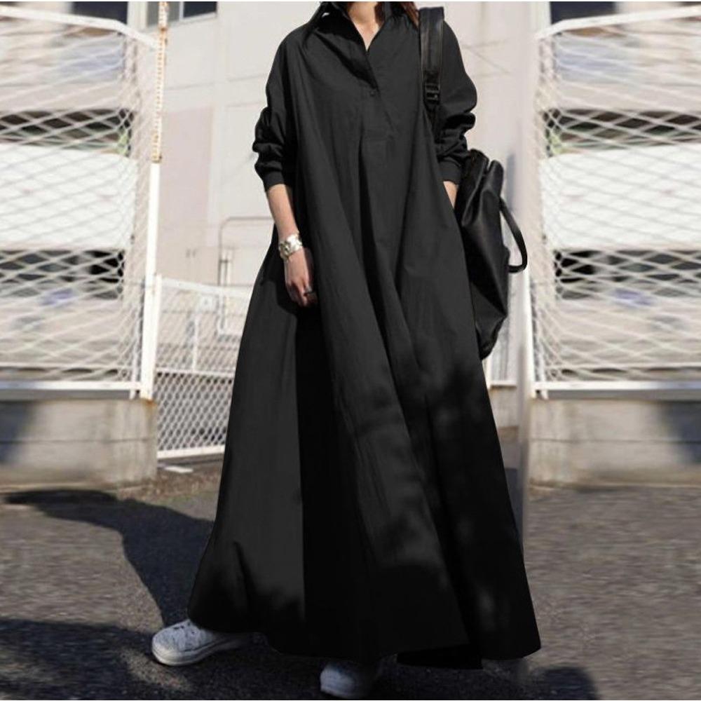 Autumn and Winter Loose Long-sleeved Wide Hem Solid Color Retro Ethnic Style Loose Dress for Women