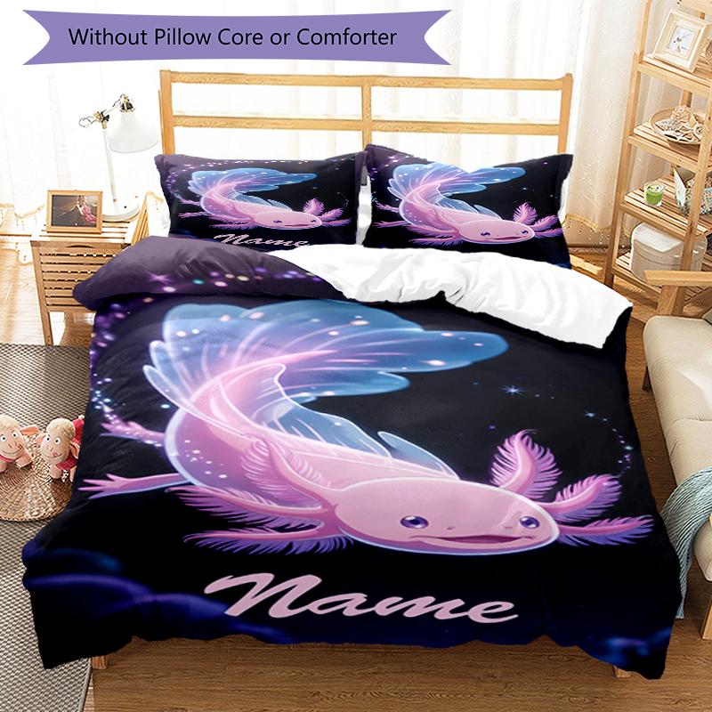 3pcs Custom Name Axolotl Bedding Set Duvet Cover Closure Includes 1 Duvet Cover & 2 Pillowcases, Soft and Comfortable for All Seasons.
