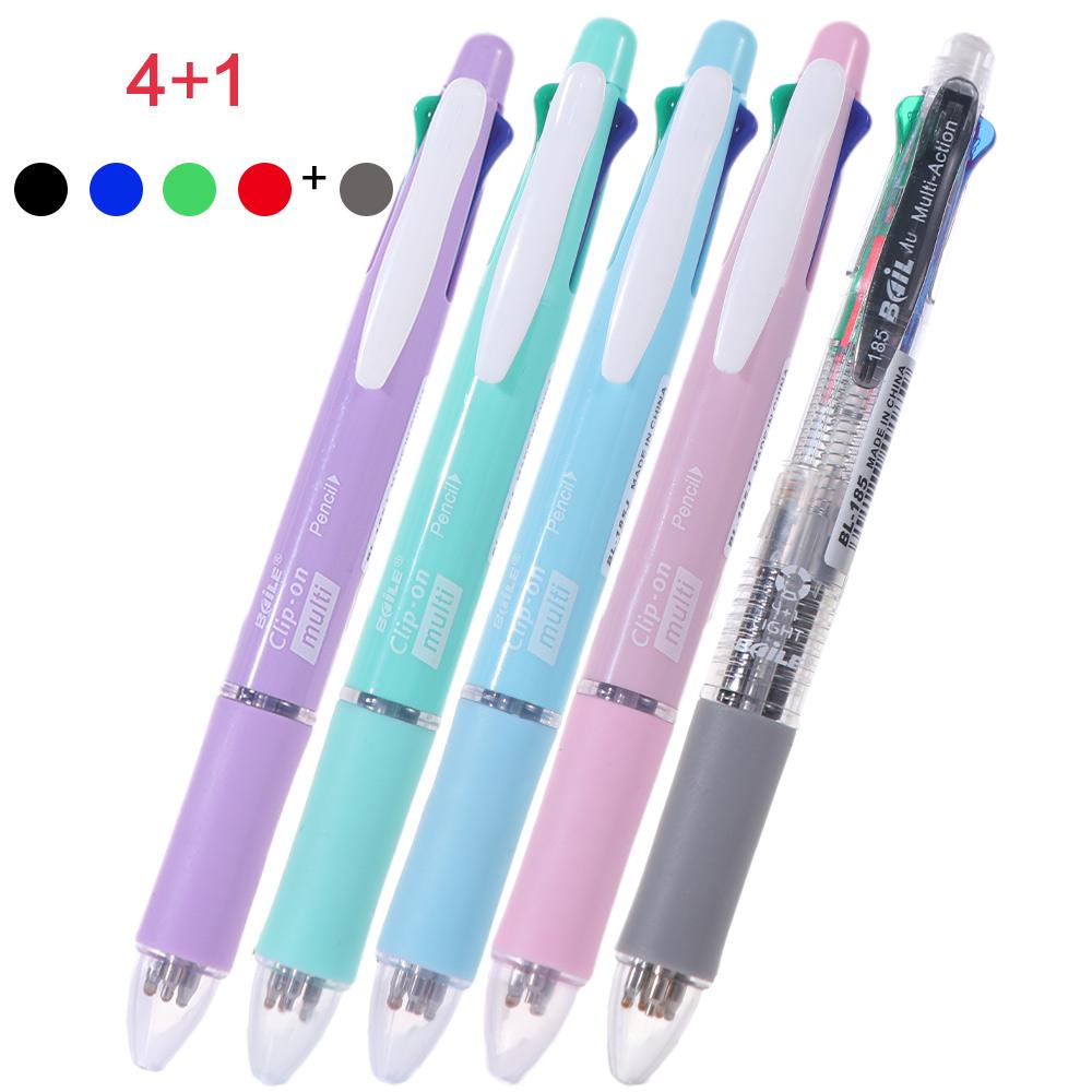 4pcs 1 Automatic Pencil Multicolor Retractable Pen 5 in 1 Press Roller Ball Pen School
