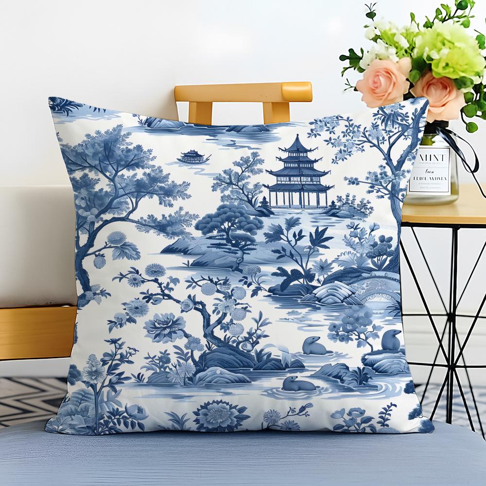 Blue and White Porcelain Cushion Cover Washable Linen Pillowcase Soft  for Sofa Bed Cozy Home Room Decor