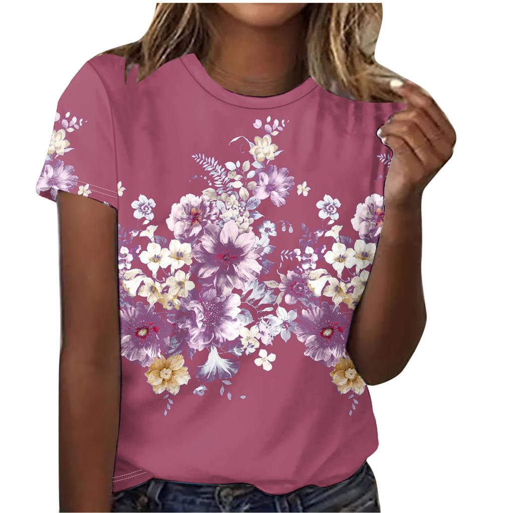 Summer Round Neck Beautiful Floral Print Top Fashionable Casual Short Sleeved Women's T-shirts