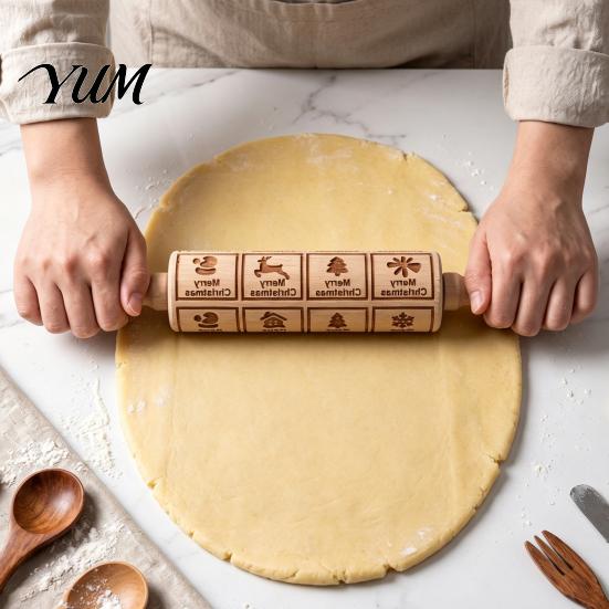 Деревянная скалка для печенья, Рождественский узор, Рельефная скалка, Нескользящая ручка, Принадлежности для выпечки на вечеринку, Декоративный кухонный инструмент