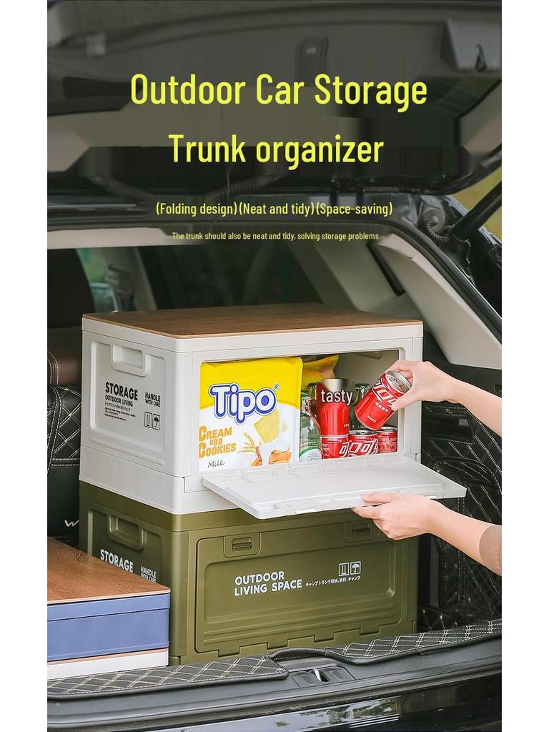Folding Camping Storage Box with Wooden Lid - Outdoor Picnic & Car Trunk Organizer