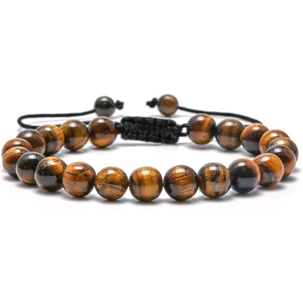 Мужской плетеный браслет из тигрового глаза и лавового камня - Подарок, ручная работа, бусины из черного агата 8 мм