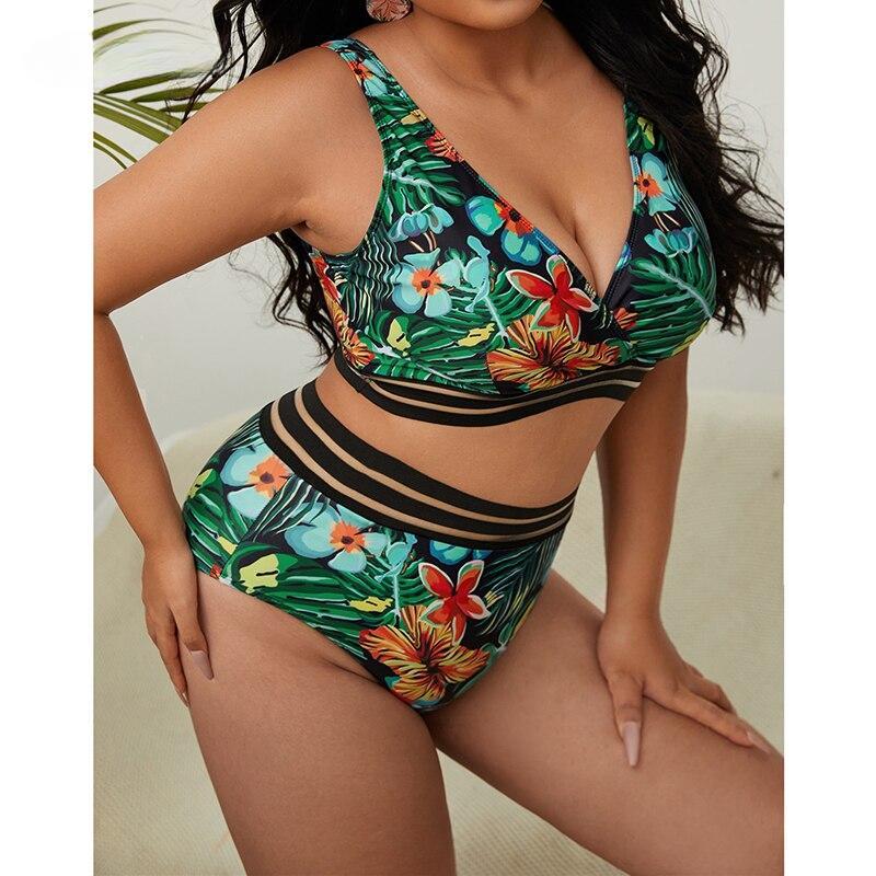 Купальники больших размеров, комплект из 2 предметов, женские комплекты бикини с высокой талией и пуш-ап, летние большие купальные костюмы с цветочным принтом