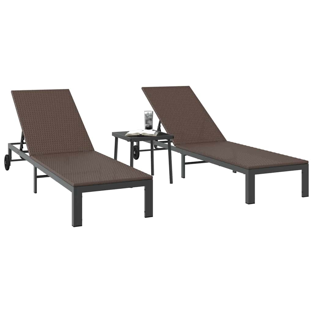 2 Person Sun Lounger Set with Table 3 pcs Brown Poly Rattan
