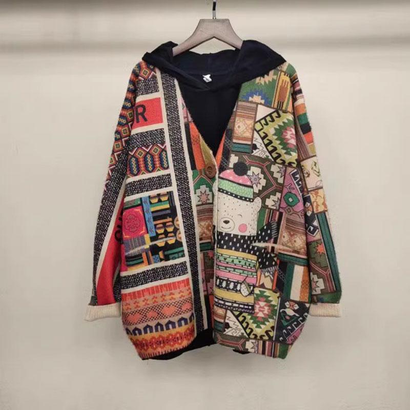 Новые осенние свитера больших размеров, кардиганы, большие размеры, женские узоры, цветочные мультяшные принты, свитера, вязаные свободные свитера