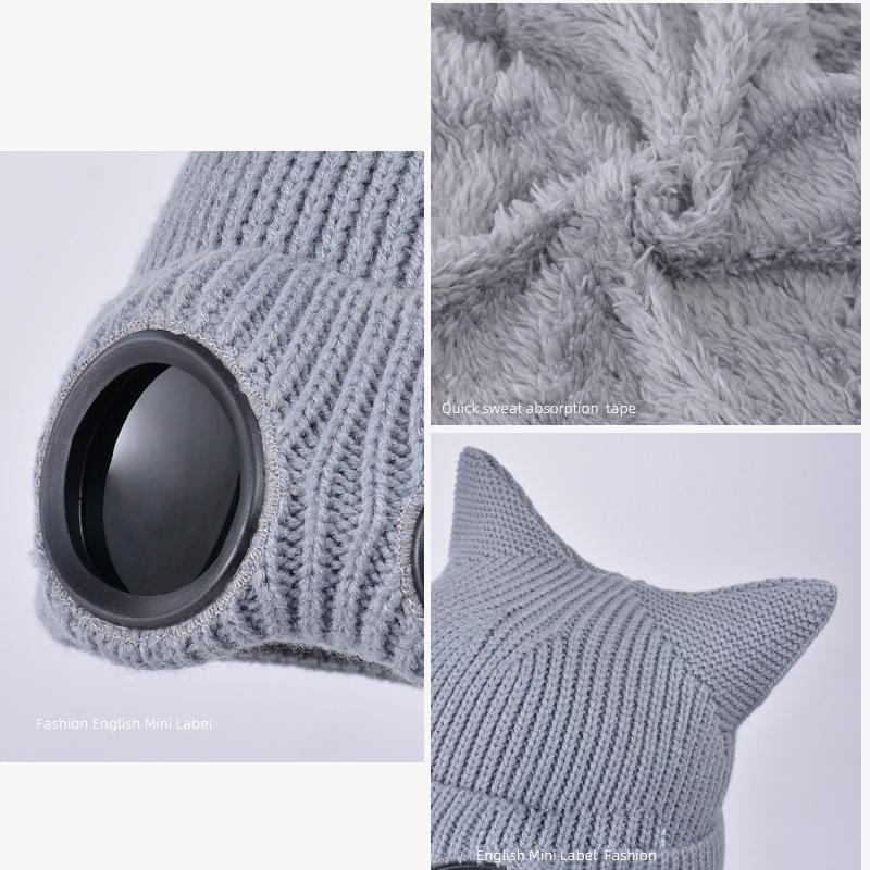 Autumn Winter Windproof Glasses Cap Women's Velvet Warm Knitted Hat Outdoor Ski Ear Protection Cap