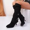 Мода 2025 Уличный стиль Остроносые Сапоги до колена Женские Высокие каблуки Женские Ретро Пряжка на ремне Плиссированные Модные Горячий товар Длинные сапоги