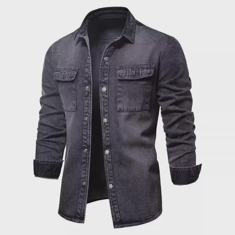 Men's 2024 Korean Style Casual Denim Shirt - Long Sleeve, Lightweight, Solid Color, Perfect for Spring and Autumn