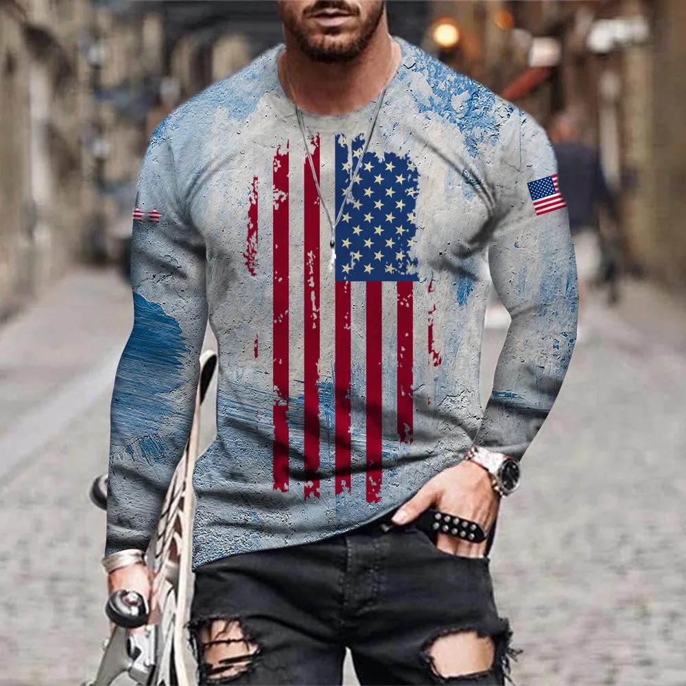 Летняя мужская футболка с круглым вырезом American Eagle и 3d принтом, повседневная футболка большого размера с длинными рукавами, модный пуловер, трендовая мужская одежда