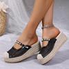 Breathable Lace Wedge Heel Mules Women 2025 Summer Luxury Pearl Chain Close Toe Slippers Bohemia Soft Hemp Sole Sandals Women