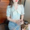 Women White Bow Neck Puff Sleeve Button Down Textured Casual Blouse