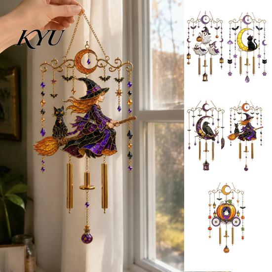 Easy Installation Metal Chain Ornaments Halloween Stained Glass Style Wind Chime, Acrylic Suncatcher Hanging Ornament with Ghost Black Cat Chimes