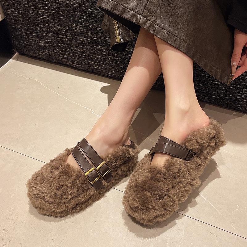 Fashion personalized belt buckle deep mouth single shoes women's autumn and winter new one-pedal versatile lightweight soft-soled fluffy shoes