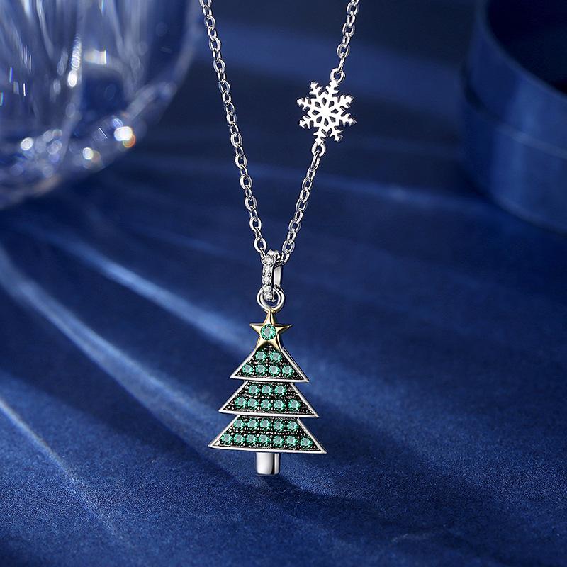 Sterling Silver Christmas Tree Pendant Necklace for Women - Trendy Gift for Girlfriend