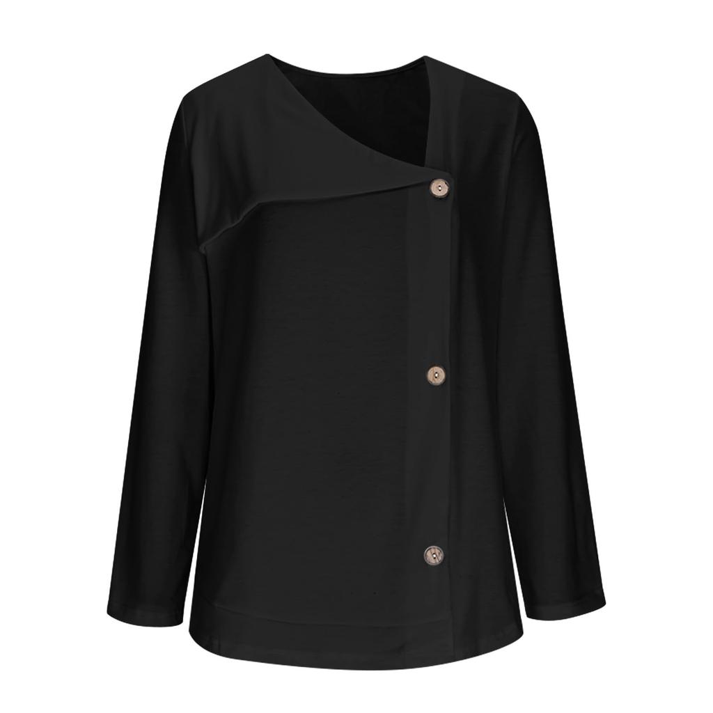Women's Solid Color Button V-neck Long Sleeved Pullover Top