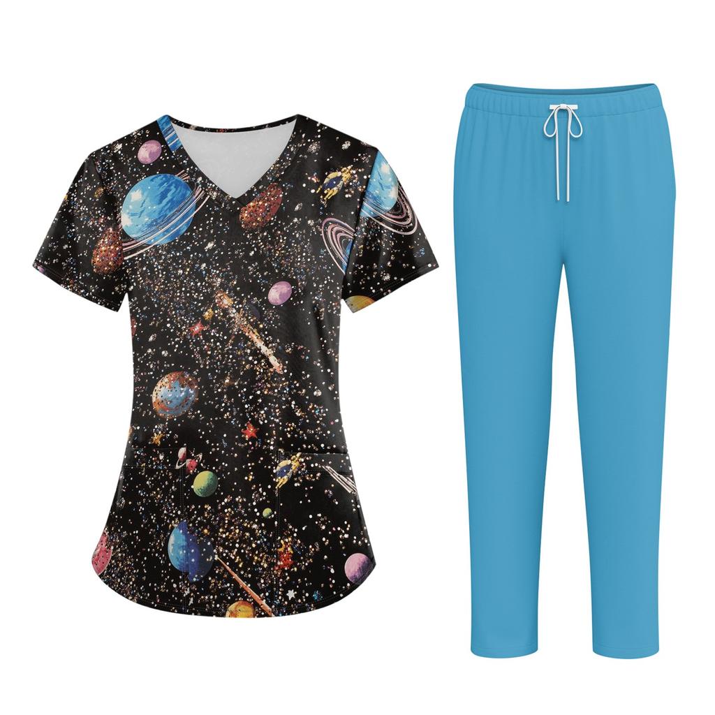 Плюс размерСкраб с принтом Рабочая форма Топы для женщин Крест V-образным вырезом Хэллоуин Принт с короткими рукавами Забавные футболки Спецодежда Футболка с карманами