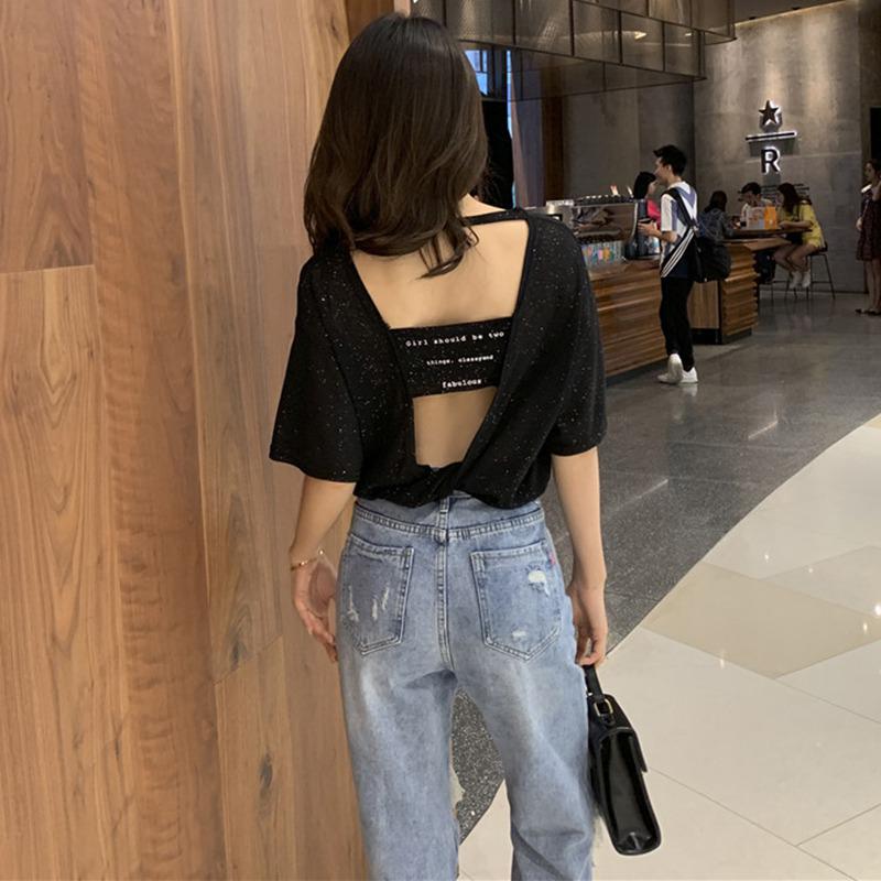 Женская повседневная блестящая круглая шея с буквенным принтом, свободный пуловер с короткими рукавами, простая футболка с открытой спиной