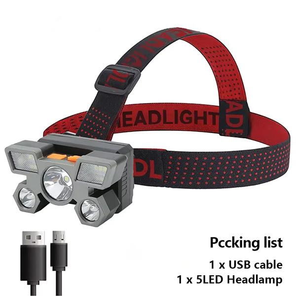 USB Rechargeable 5LED Headlamp Flashlight Waterproof Head Torch with Built-in Battery for Camping,Hiking,Fishing,Emergency Use