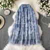 Summer Women Elegant Designer Ink Printing Mesh Ruffles Long Maxi Cake Skirt