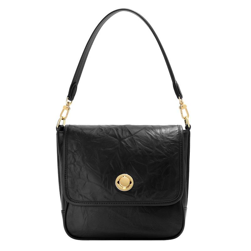 2026 new one-shoulder underarm bag, first-layer cowhide hand-scratched women's niche high-end pleated retro tote bag