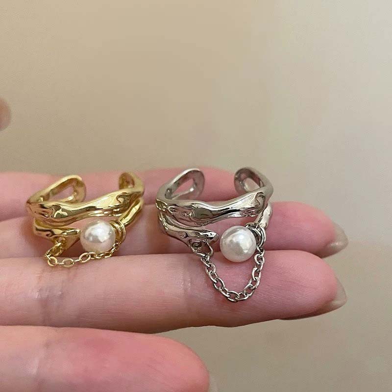 Модное кольцо-манжета с цепочкой из цинкового сплава цвета жемчуга для женщин, пар, простое металлическое двухслойное регулируемое кольцо, подарки невесте с цирконом