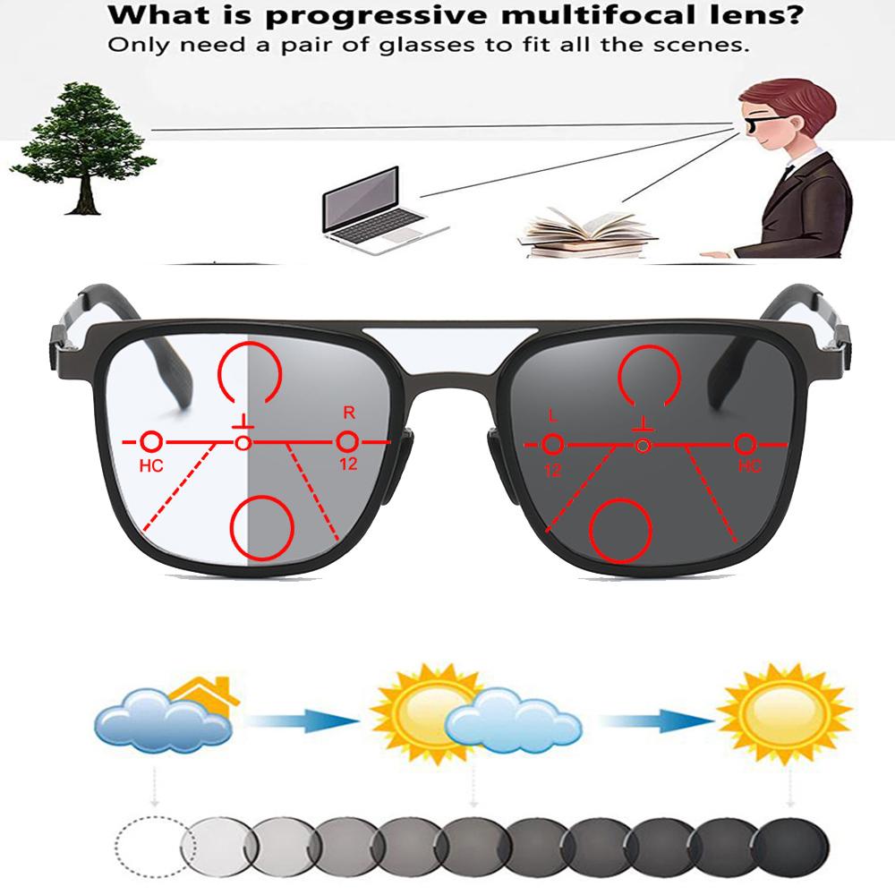 Фотохромные прогрессивные мультифокальные солнцезащитные очки для чтения Ретро-прямоугольные удобные очки для чтения от +0,75 до +4 См. Близко и Fa