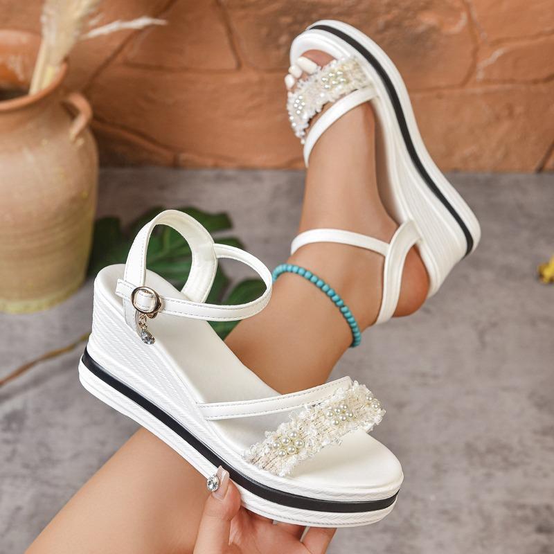 Women's Wide Width Roman Sandals, Pearl Embellished Platform Buckle Slides, Wholesale Summer Shoes for Women