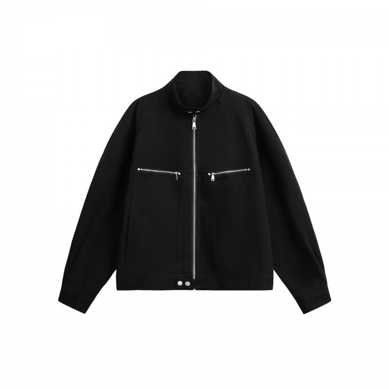 Unisex Cotton Oversized Utility Jacket With Stand Collar Patchwork Design Fall Casual Outerwear