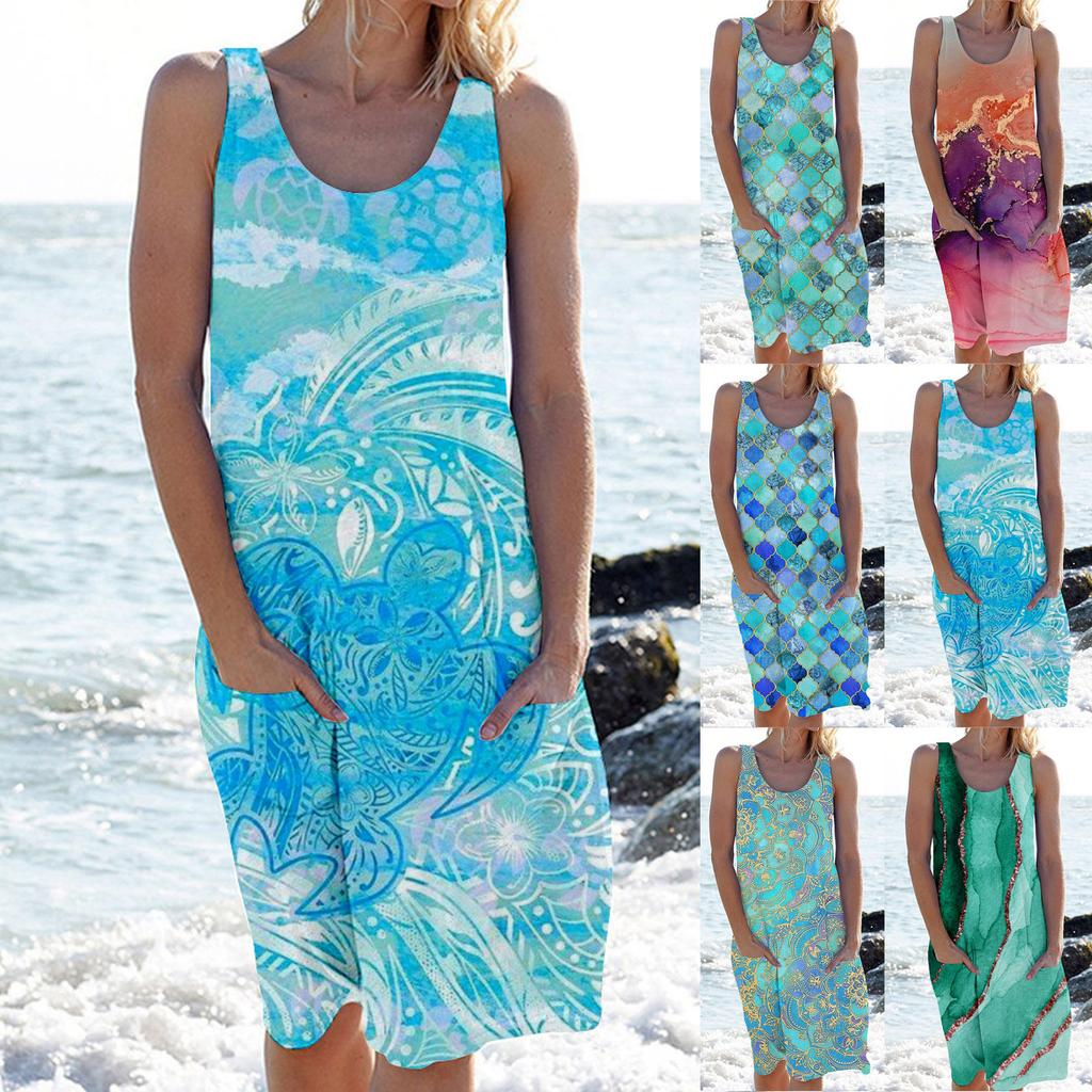 Fashion Women's Summer Round Neck Casual Fashion Printed Pullover Sleeveless Dress