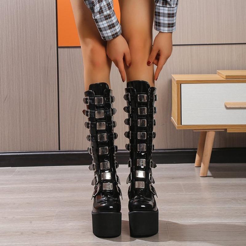 Женские высокие сапоги для косплея, зимние длинные кожаные сапоги-рыцари, панк-готические классические черные туфли на высоком каблуке, ковбойские сапоги для женщин