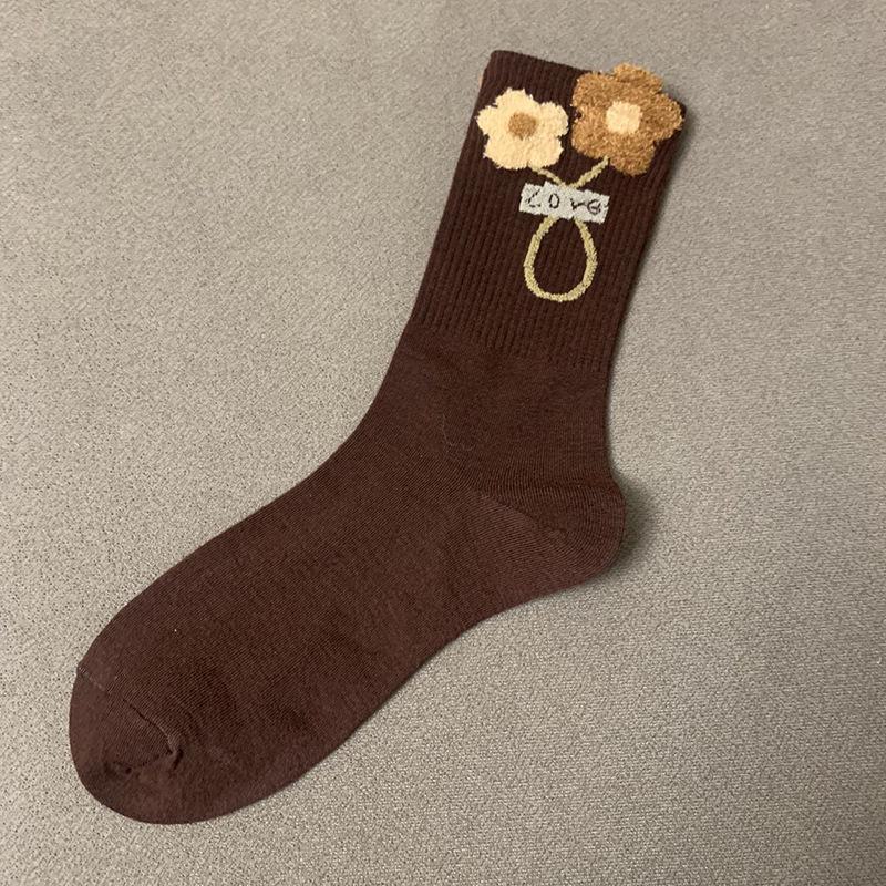Женские модные носки средней длины с плюшевым медведем и цветком, осень/зима - Кофейный/черный