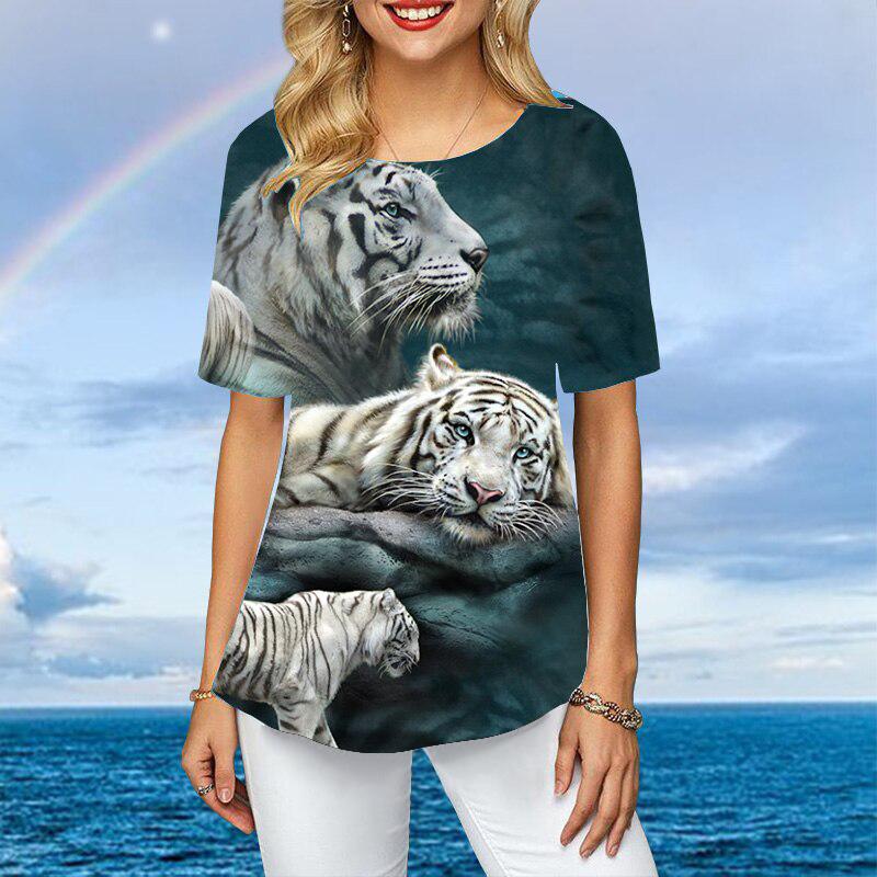 Women Plus Size Ladies Tee Short Sleeve T Shirts Colorful Tiger 3d Print Loose Casual Tops Female Irregular Summer Clothes