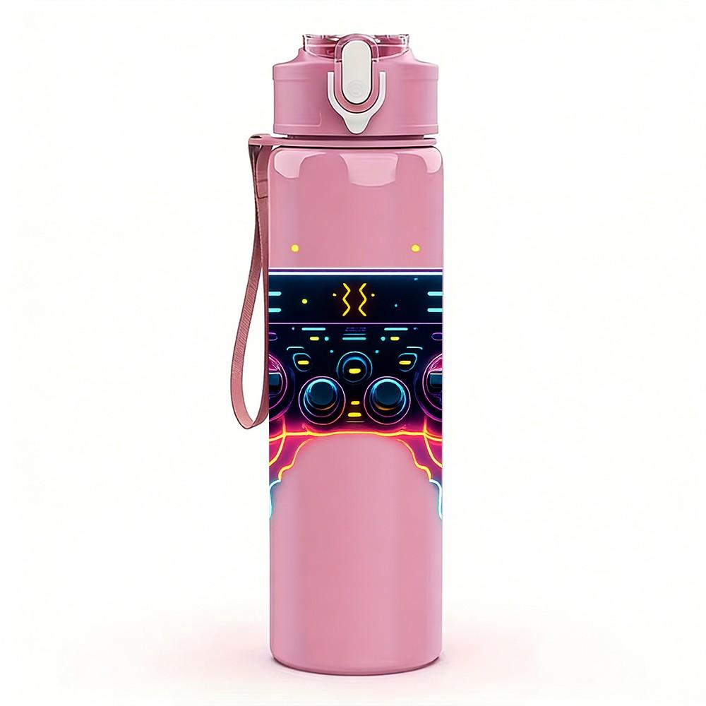 1PC Neon Light Game Controller Print 750ml Color Plastic Sports Water Bottle Leakproof Flip Straw Lid Suitable for Sports Office Home Use