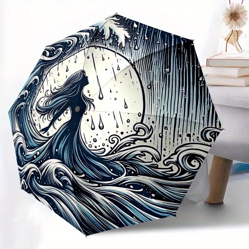 1pc Ocean Waves Auto Open/Close Umbrella, Portable Folding Umbrella for Travel, Themed Events,