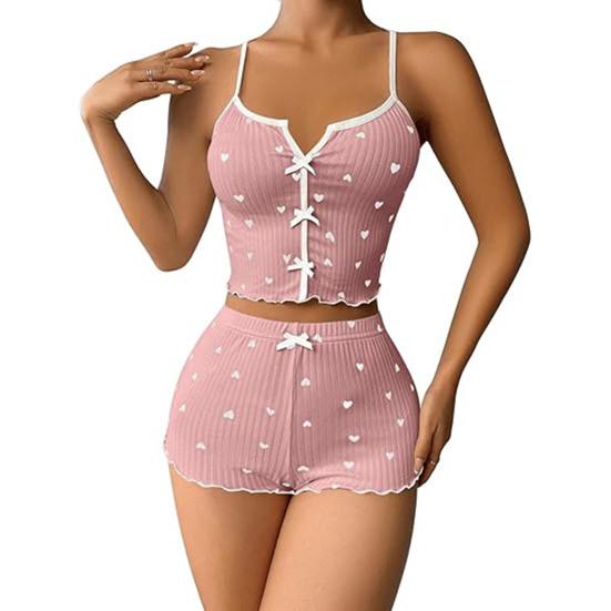 2 Pcs/Set Women Vest Shorts Suit Bow Heart Print Sleeveless Shirring Top High Waist Short Trousers Homewear Loungewear Outfit Summer Sleepwear
