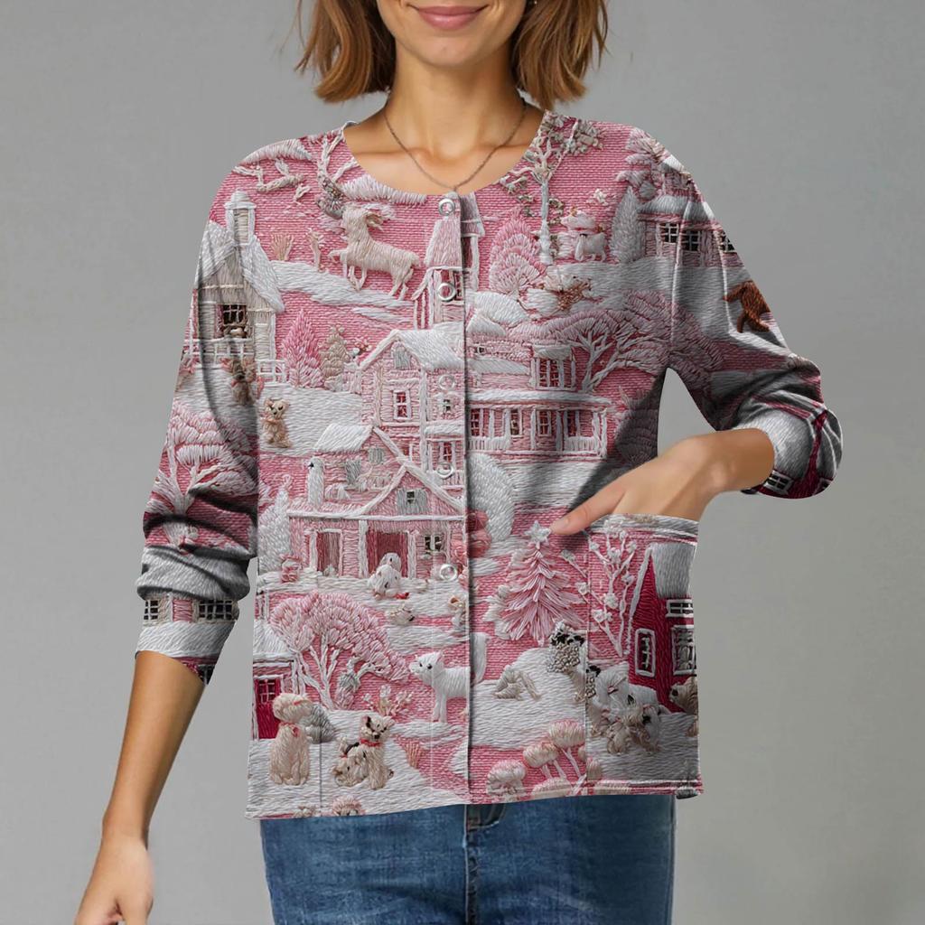 Women's Casual Long-Sleeved Single-Breasted Christmas-Themed Print  Cardigan