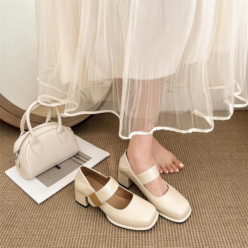 Туфли-лодочки женские на толстом каблуке в стиле ретро с неглубоким носком 2025 года, новые весенне-осенние туфли с увеличенным каблуком, универсальные туфли Мэри Джейн с квадратным носком и высоким носком