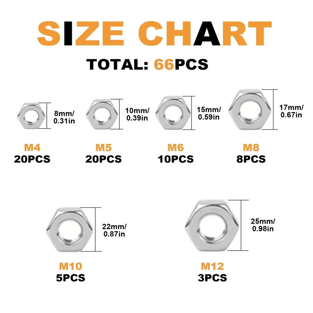 66 штук Метрические шестигранные гайки из нержавеющей стали 304 M4 M5 M6 M8 M10 M12, Подходят для механического, автомобильного и другого обслуживания