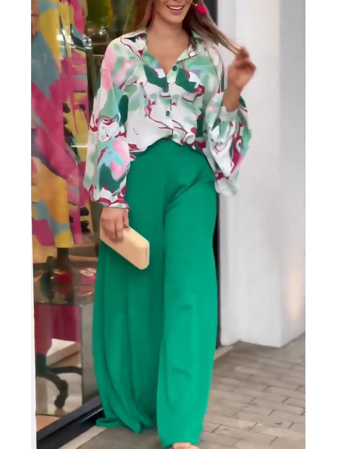 2024 Women's Plus Size Fashion: Lapel Shirt & High-Waist Wide-Leg Pants Set