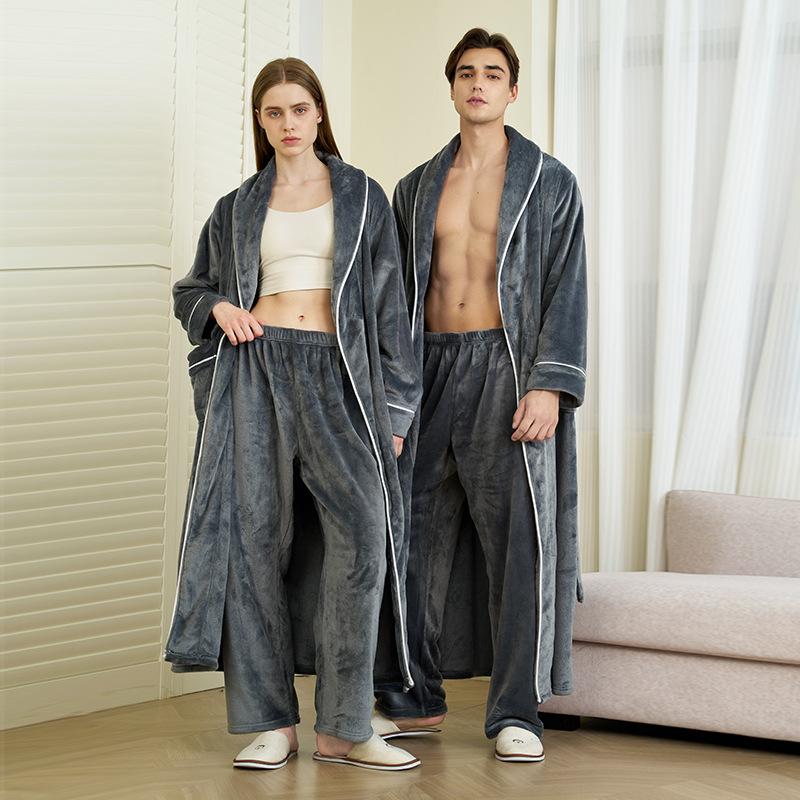 Men's Plush Fleece Robe Set Bathrobe Spa Robes With Pockets Soft Winter Shawl Collar Long Sleeve Robe Warm Pants Set for Men Fluffy Homewear Sleepwear