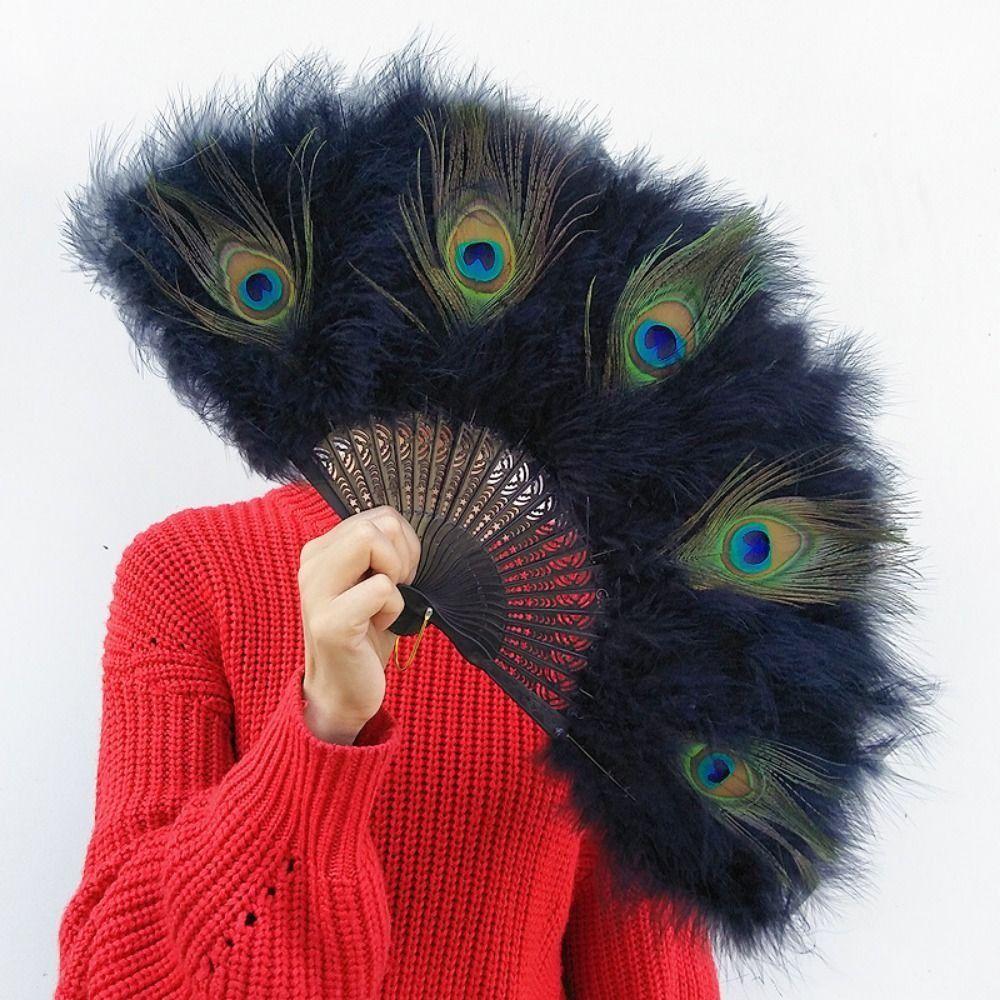 Handheld Peacock Feather Fan With Tassel Feather Dance Fan Elegant Folding Hand Fan Home