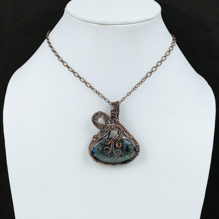 Natural Labradorite Gemstone Handmade Copper Wire Wrap Pendant 2.25" A6f14