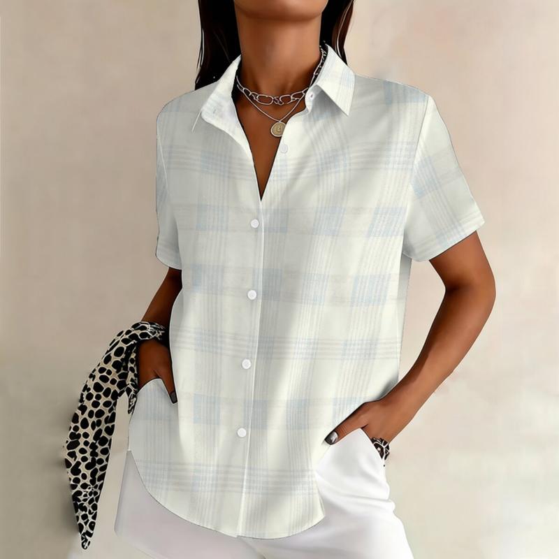 Personalized minimalist checkered print summer women's plus size lapel short sleeved shirt fashionable daily versatile top