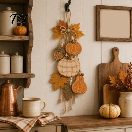 Autumn Front Door Sign Rustic Pumpkin Hanging Swag, Wooden Ornament with Optional Warm Harvest Theme LED Lights, Fall Hanger for Farmhouse Wall Decor